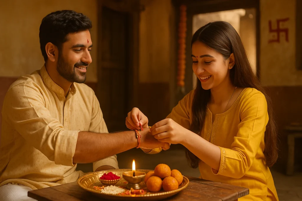 Sister tying rakhi to brother during Raksha Bandhan 2025 shubh muhurat