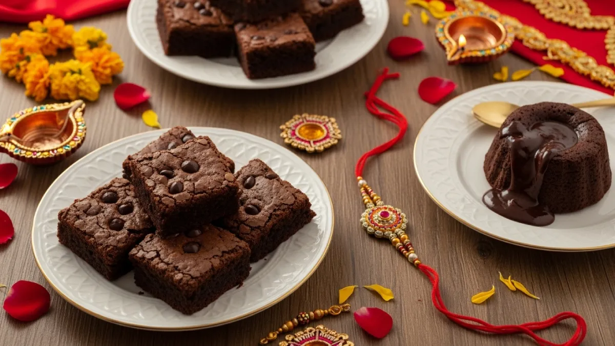 "raksha bandhan 2025 chocolate recipe featuring homemade brownie and choco lava cake served with rakhi thali"
