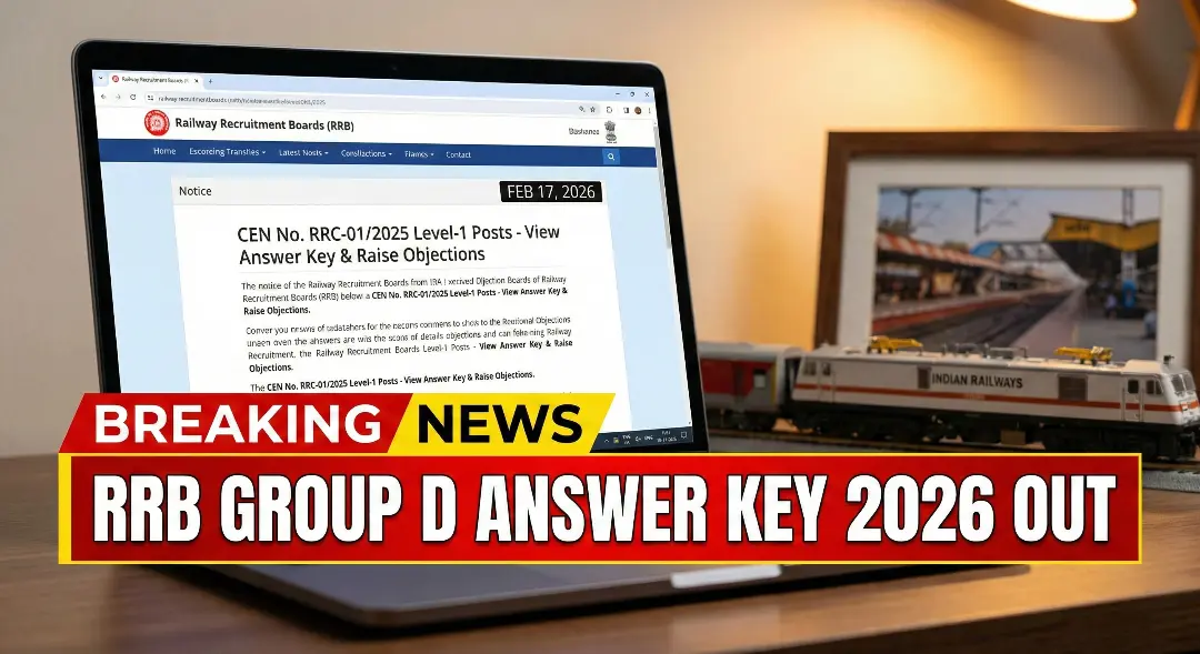RRB Group D Answer Key PDF Download 2026 official notice displayed on laptop screen with Railway Recruitment Board update