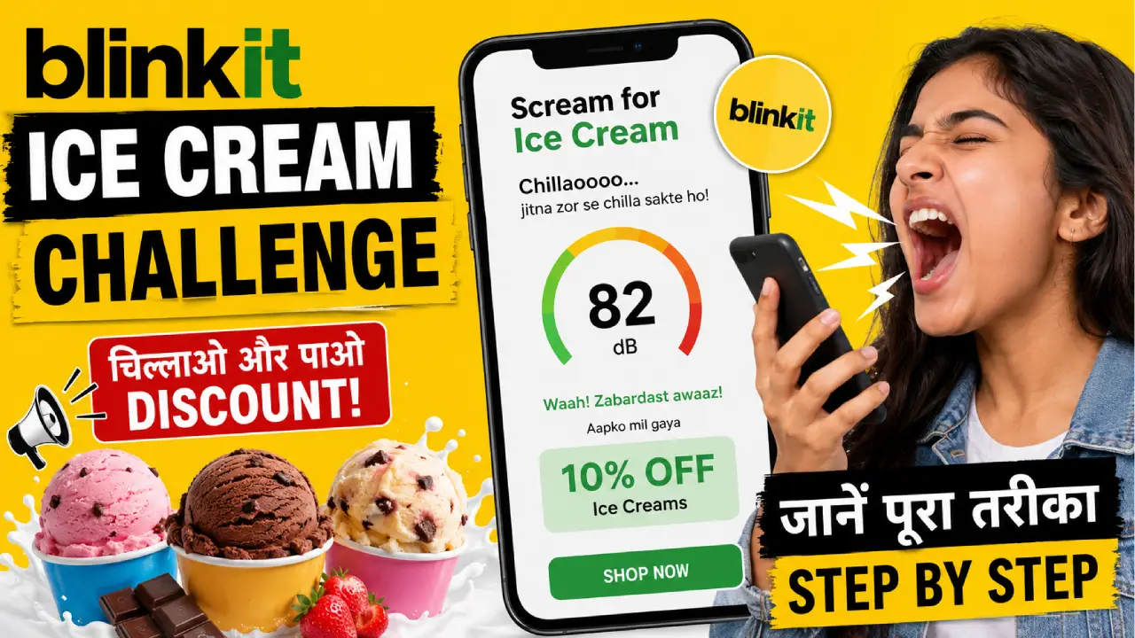 Blinkit Ice Cream Challenge featured image showing a girl shouting at mobile phone to get ice cream discount during viral Scream for Ice Cream offer on social media.