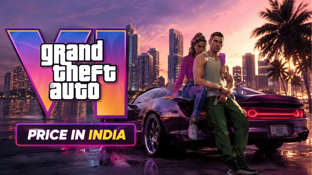 GTA 6 Price in India को दर्शाती यह फीचर्ड इमेज, जिसमें Vice City की पृष्ठभूमि, स्पोर्ट्स कार और GTA 6 स्टाइल के मुख्य किरदार दिखाई दे रहे हैं। यह तस्वीर भारत में GTA 6 की आधिकारिक कीमत, Standard और Ultimate Edition, प्री-ऑर्डर, लॉन्च डेट और दुनिया के अन्य देशों की कीमतों की तुलना से संबंधित लेख के लिए उपयोग की गई है।