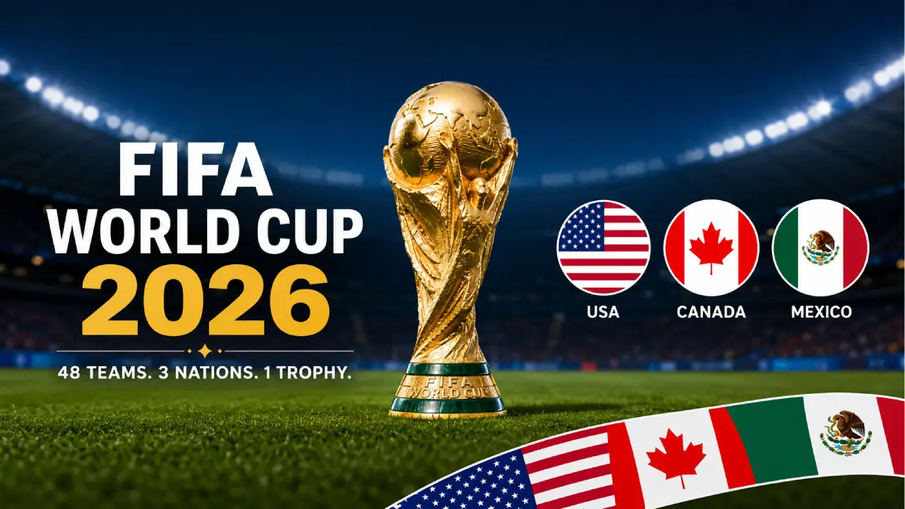 FIFA World Cup 2026 trophy with participating teams and host countries USA Canada Mexico