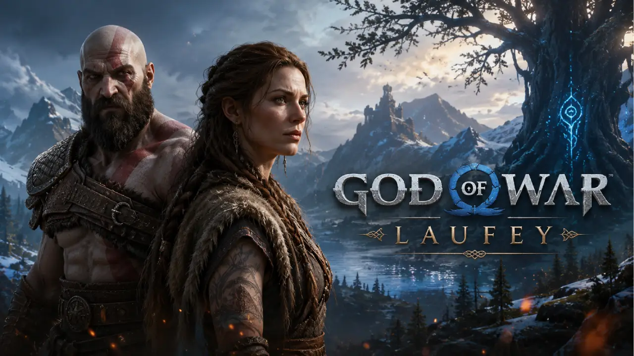 God of War Laufey featured image showing Kratos and Laufey (Faye) standing in a cinematic Norse landscape with snowy mountains, glowing runes, and a dramatic fantasy atmosphere.