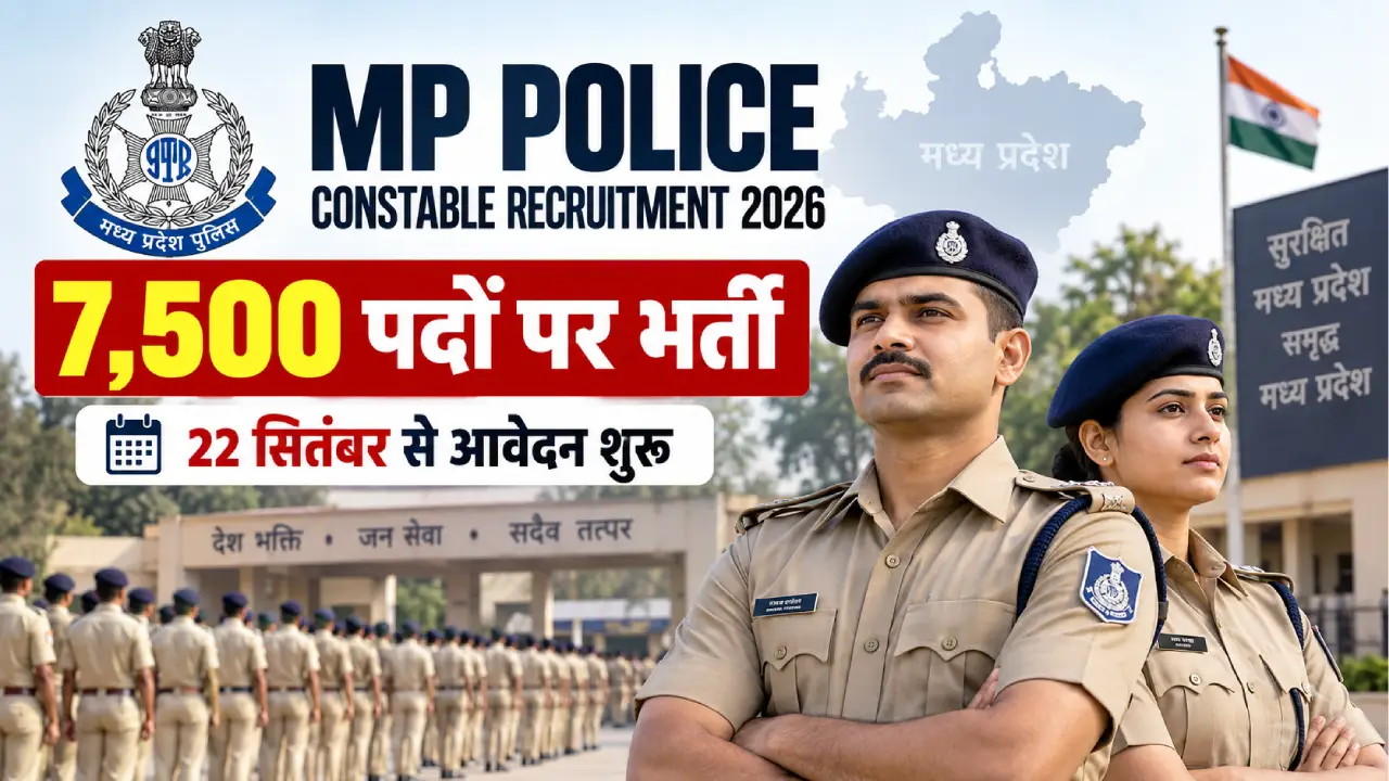 MP Police Constable Recruitment 2026 में 7,500 पदों पर भर्ती और 22 सितंबर से आवेदन शुरू होने की जानकारी दर्शाती फीचर्ड इमेज।
